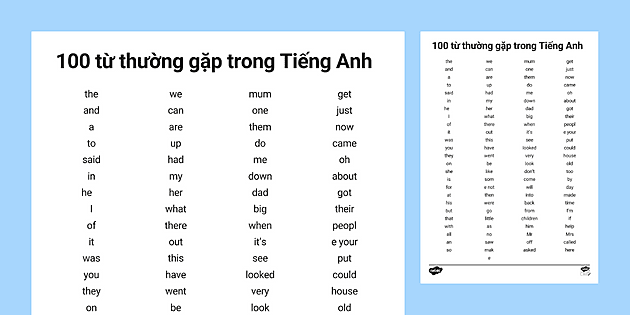 Bảng tra cứu 100 từ vựng tiếng Anh cơ bản | Twinkl